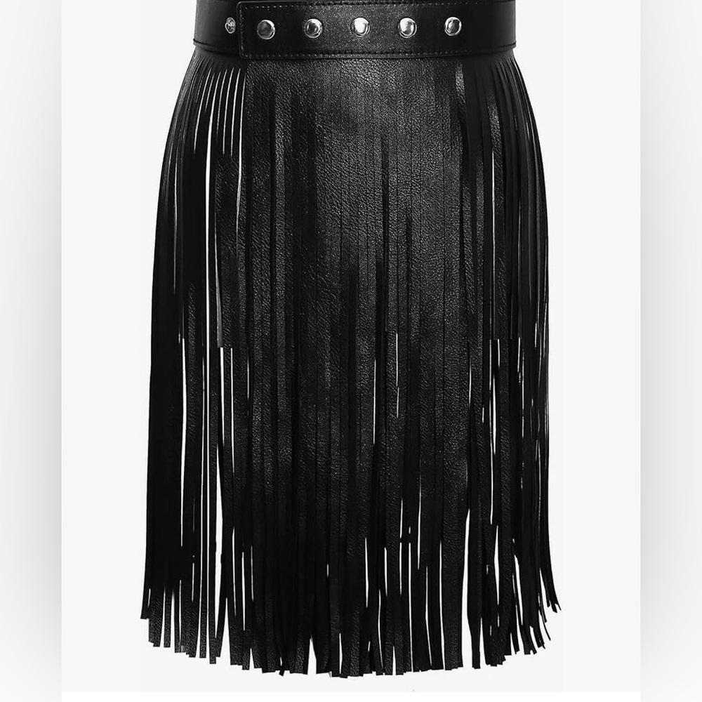 Fringed Black Leather Skirt